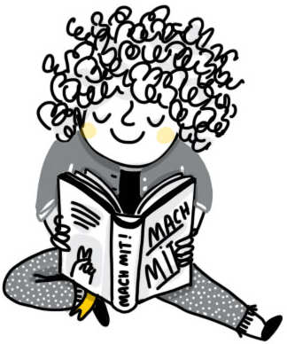 Illustration von einem Mädchen, das ein Buch mit der Aufschrift "Mach Mit" liest. Copyright: Frollein Motte