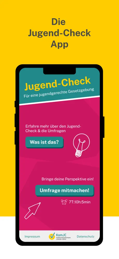 Darstellung eines Smartphones auf gelbem Hintergrund. Auf dem Bildschirm sieht man einen Screenshot der Startseite der Jugend-Check App.