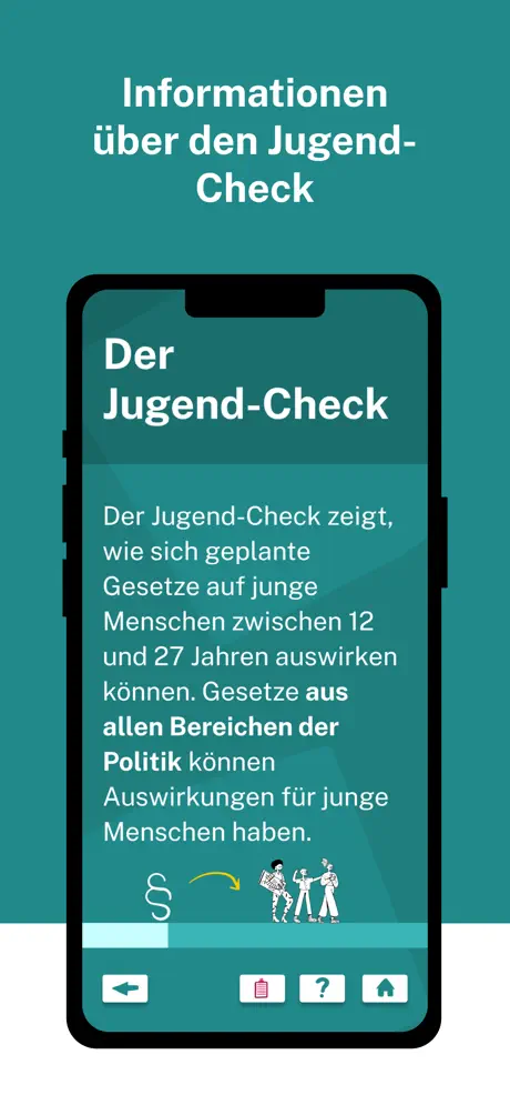 Darstellung eines Smartphones auf grünem Hintergrund. Auf dem Bildschirm sieht man einen Screenshot der Jugend-Check App mit Informationen über den Jugend-Check und zwei kleinen Illustrationen.