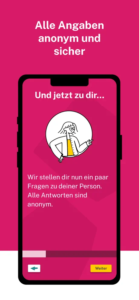 Darstellung eines Smartphones auf rotem Hintergrund. Auf dem Bildschirm sieht man einen Screenshot der Jugend-Check App und die kleine Illustration einer Frau.