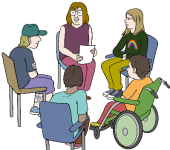 Stuhlkreis mit diversen jungen Menschen, die etwas miteinander besprechen.